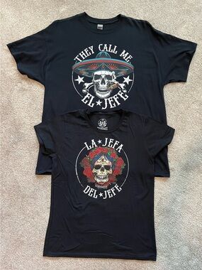 His & Hers El Jefe La Jefa Black Cotton Tshirts XL & Med Mexican Sugar Skulls